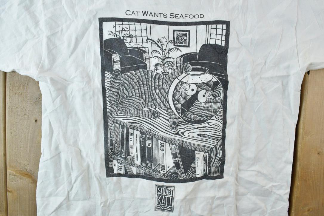 Vintage 1990s Cat Wants Seafood Single Stitch Streetwear Nature Outdoorsman (4)