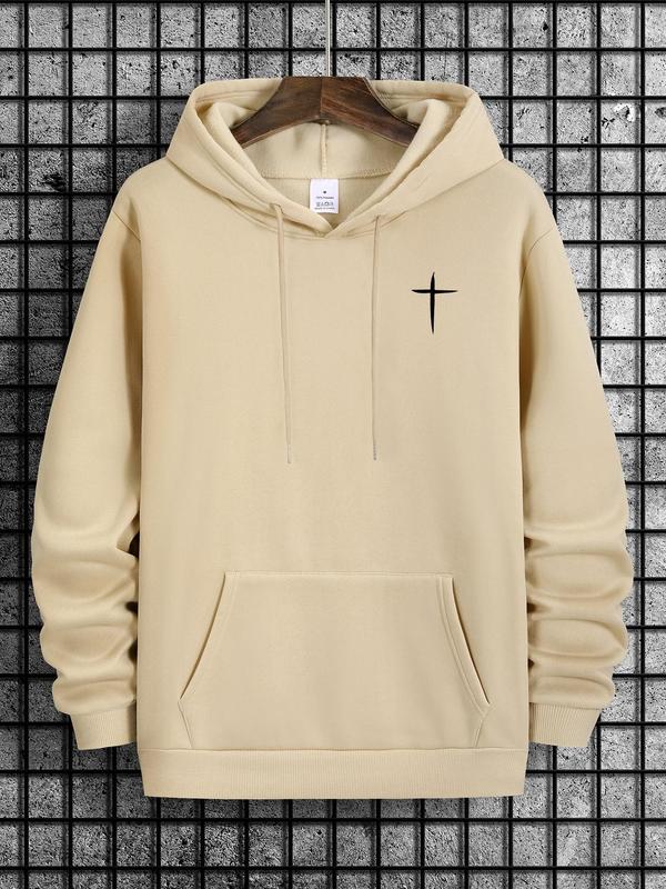 Cross Print Men's Hoodie with Drawstring Pocket, Regular Fit Long Sleeve Sweatshirt, Casual Men's Fashion for... (Image 3)