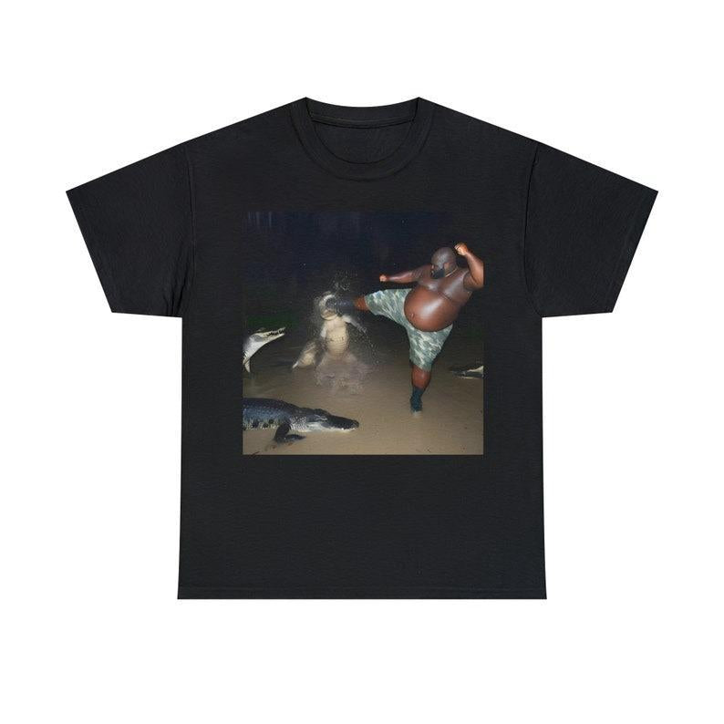 Man Kick Alligator In Swamp Shirt Funny Meme Shirt Menswear Top Hoodie, Sweatshirt | PureTeeCo.com (Image 3)