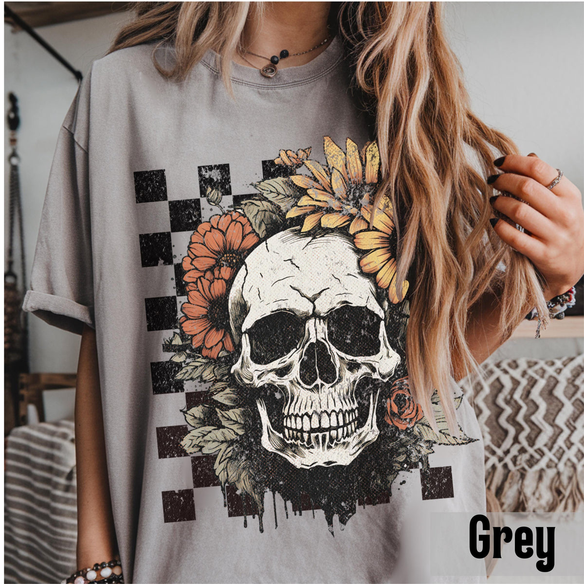 Boho Skull Comfort Colors Vintage Grunge Skull Retro Summerween Spooky Floral (3)