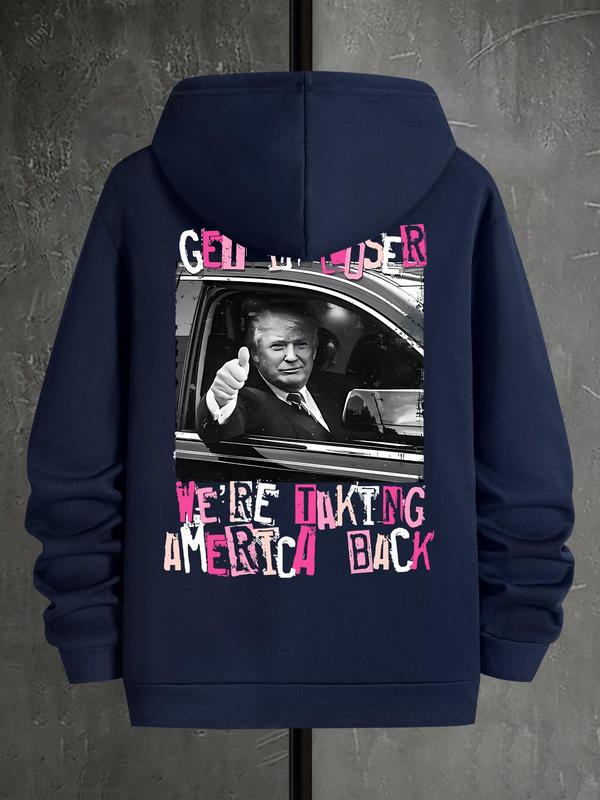 Men's Letter & Flag Print Drop Shoulder Graphic Hoodie, Casual Regular Fit Drawstring Sweatshirt for Holiday... (Image 6)