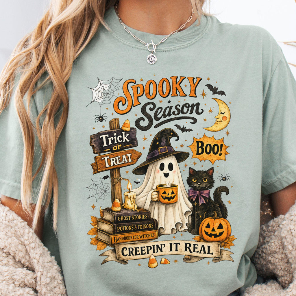 Spooky Season Creepin Real Ghost Cat Tee Vintage Halloween Black Cat Ghost Fall (2)