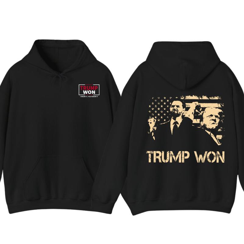Trummp Won Hoodie - Trendy with Bold Distressed Graphic of Trummp and American Flag, Unisex Political Apparel... (Image 1)