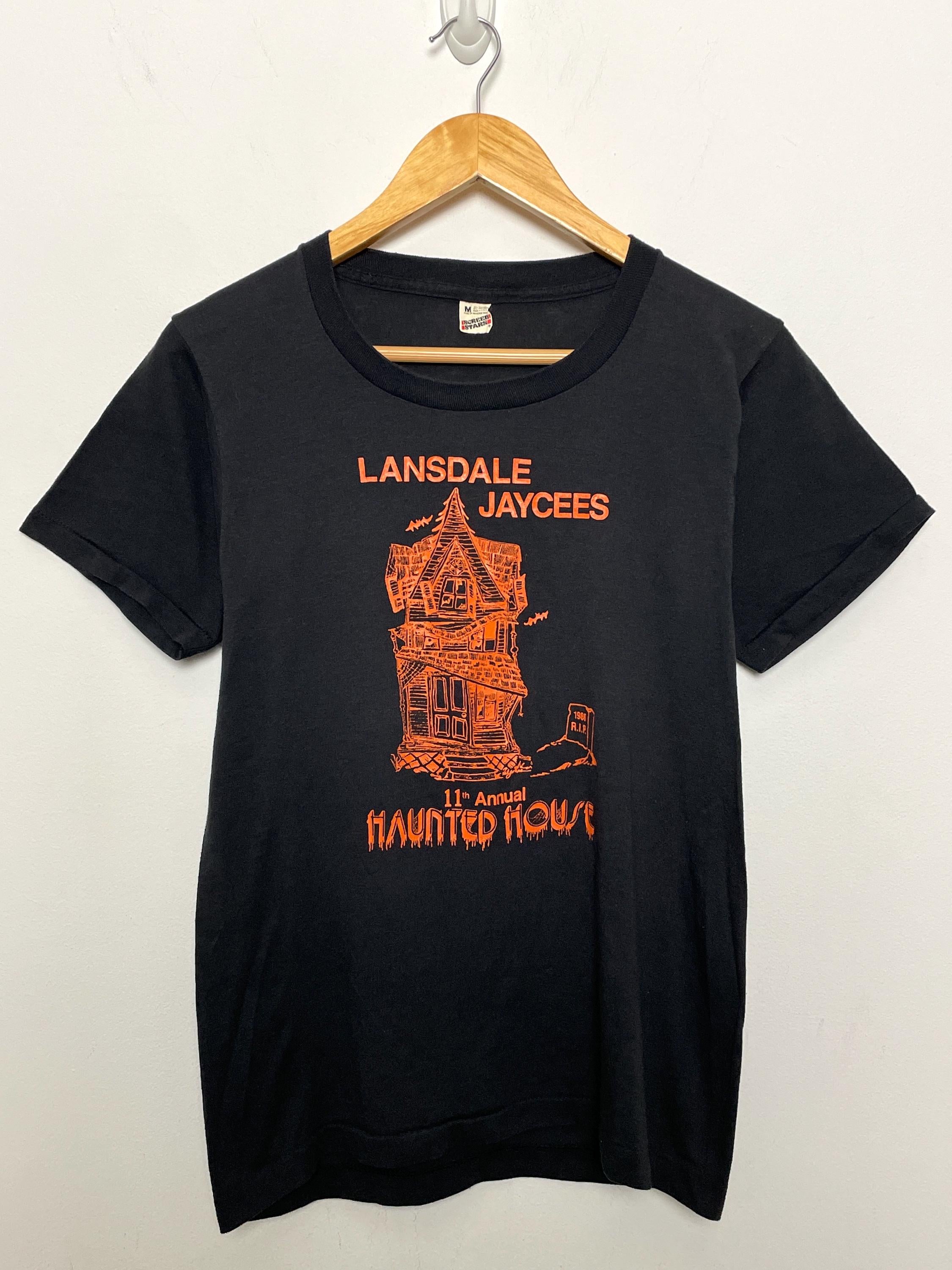 Vintage 1986 Lansdale Pennsylvania 11th Annual Haunted House Orange Black Made Usa Screen Stars Tee Fits Small (1)