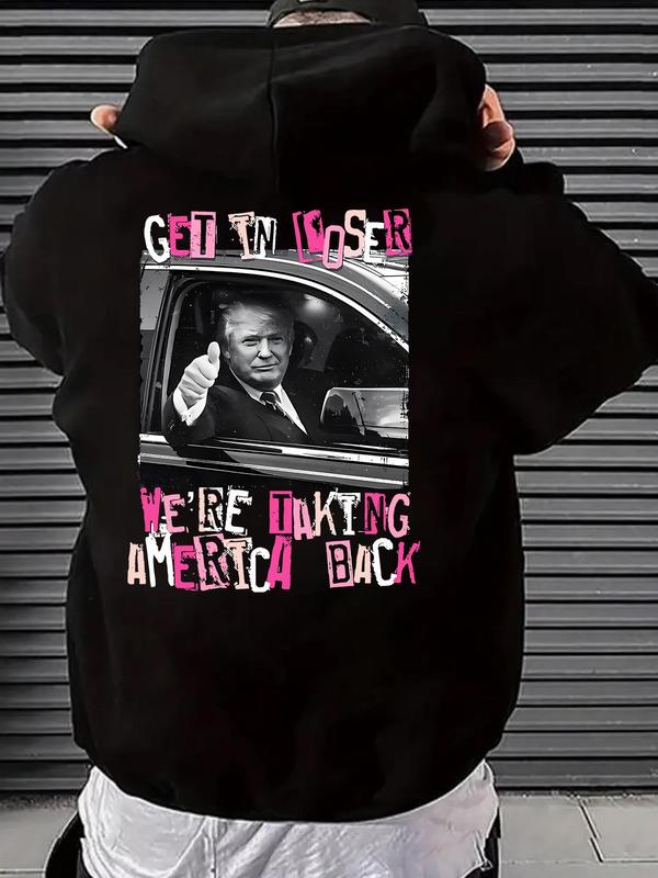 Men's Letter & Flag Print Drop Shoulder Graphic Hoodie, Casual Regular Fit Drawstring Sweatshirt for Holiday... (Image 5)