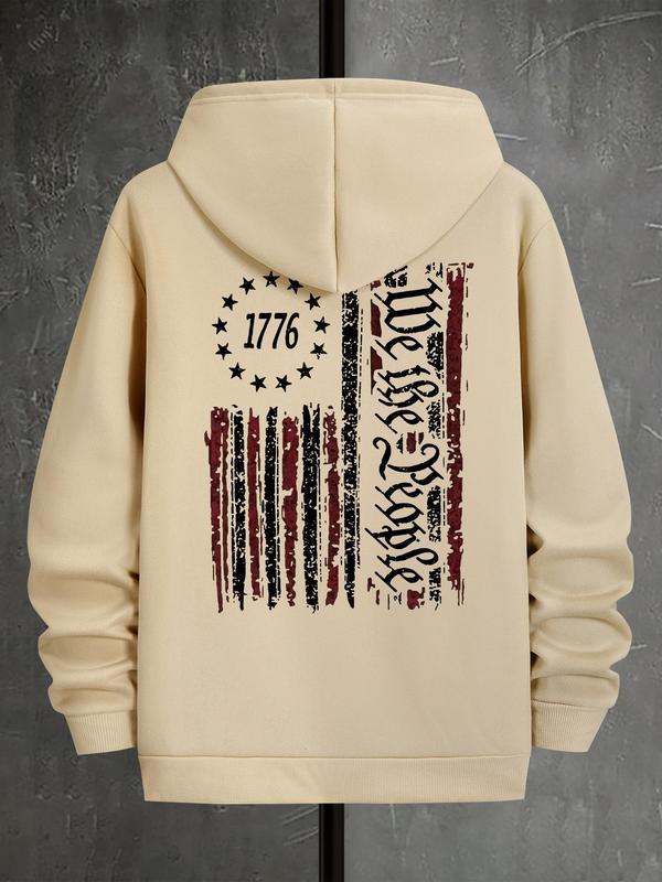 Men's Letter & Flag Print Thermal Hoodie, Drawstring Sweatshirt Casual for Fall & Winter, Regular Fit Men's... (Image 3)