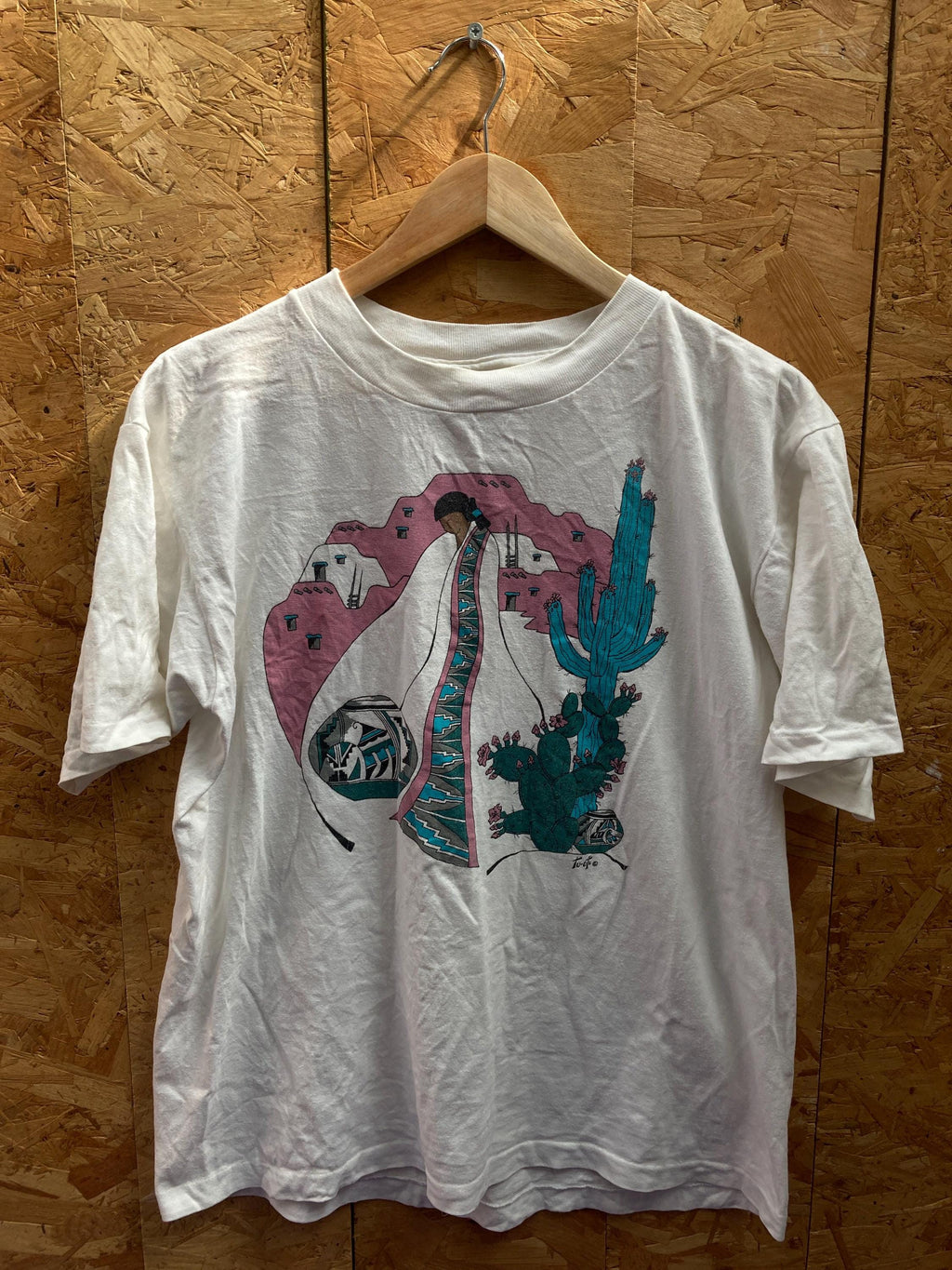 Vintage 90s Southwestern Native American Girl Cactus Single Stitch Souvenir Size Large Oneita (2)