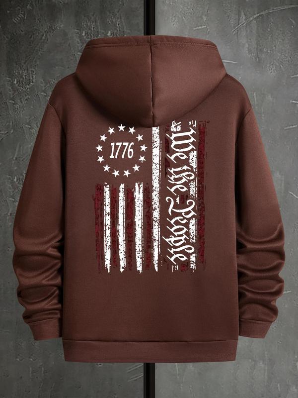 Men's Letter & Flag Print Thermal Hoodie, Drawstring Sweatshirt Casual for Fall & Winter, Regular Fit Men's... (Image 1)