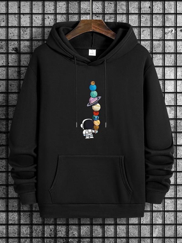 Unisex Men's Cartoon Print Essentials Hoodie, Casual Long Sleeve Top with Drawstring Pockets, Men's Spring &... (Image 1)