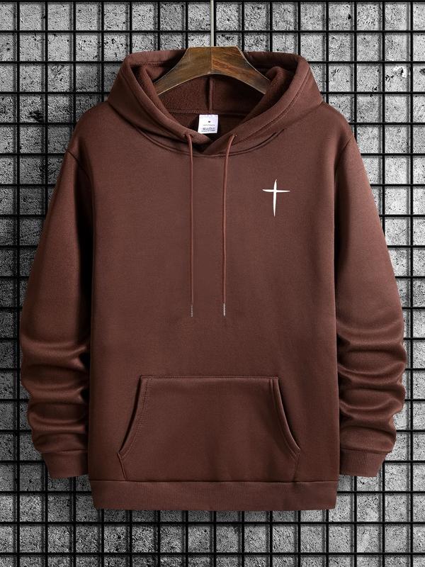 Cross Print Men's Hoodie with Drawstring Pocket, Regular Fit Long Sleeve Sweatshirt, Casual Men's Fashion for... (Image 7)