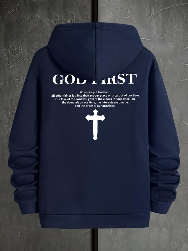 Men's Letter & Cross Print Drop Shoulder Hoodie, Casual Graphic Sweatshirt, Daily Holiday Wear for Men's Spring... (Image 3)