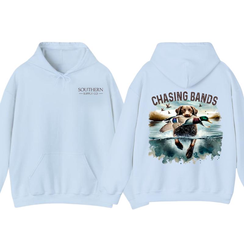 Chasing Bands Duck Hunting Hoodie - Chocolate Lab Retriever with Mallard Duck Waterfowl Graphic for Outdoor... (Image 7)