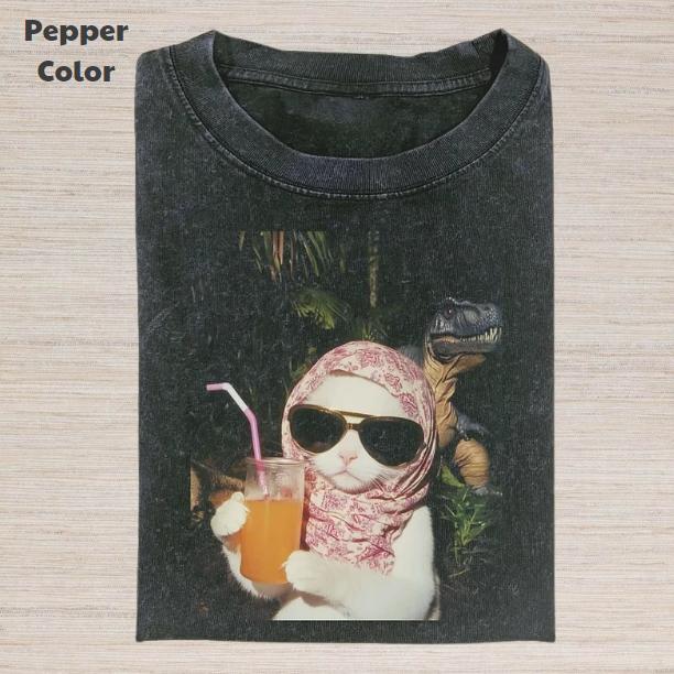 Just A Chill Girl Vintage Graphic Tee, Cat And Dinosaur T-Shirt, Unisex Meme Cringe Funny Dumb Shirt, Menswear... (Image 1)