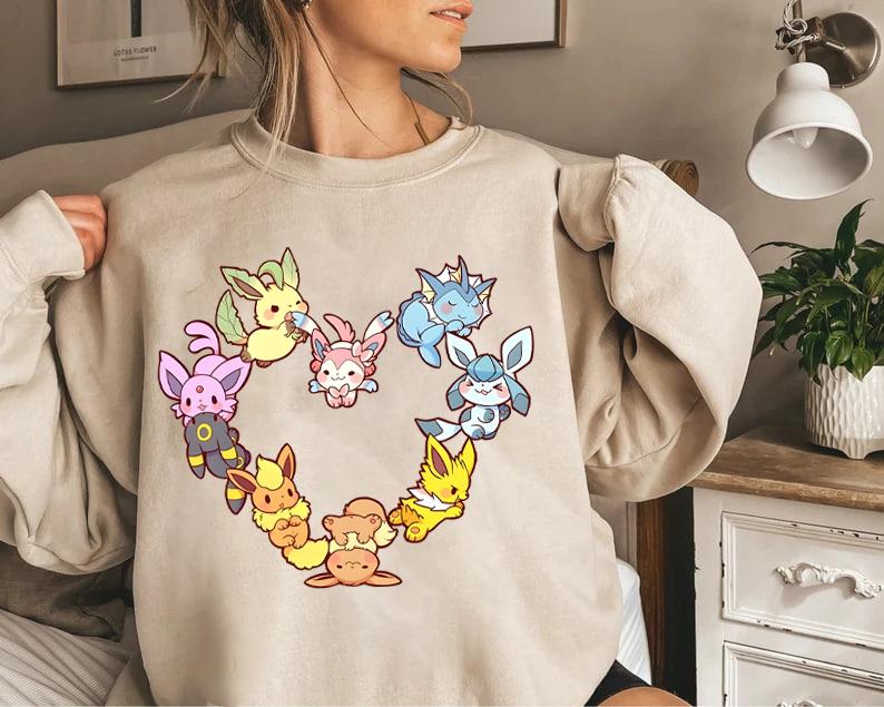 Eevee Evolution Sweatshirt, Slyveon, umbreon, Espeon, Flareon Anime, Vintage Anime Sweater, Anime lover gift,... (Image 1)