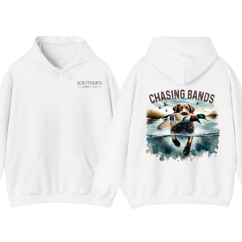 Chasing Bands Duck Hunting Hoodie - Chocolate Lab Retriever with Mallard Duck Waterfowl Graphic for Outdoor... (Image 2)