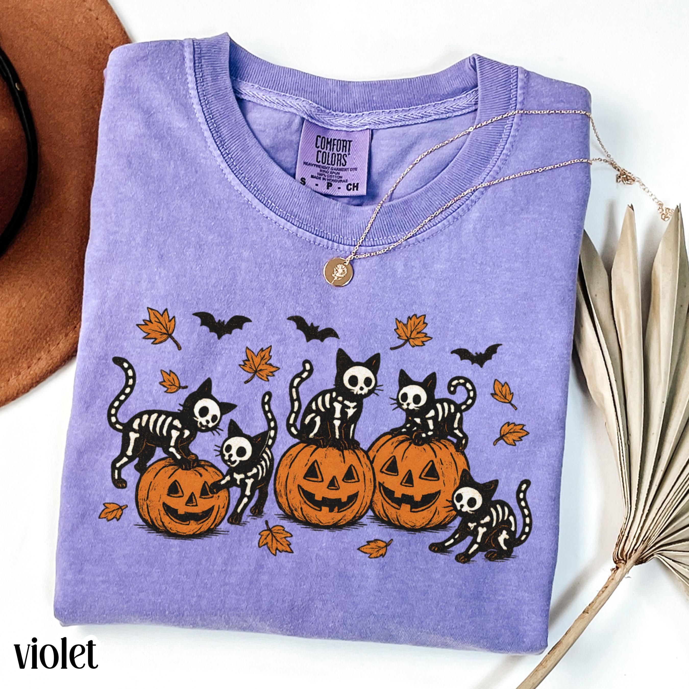 Comfort Colors Black Cat Pumpkin Halloween Spooky Season Vintage Autumn Tee Cat Retro Skeleton Cat Lover (3)