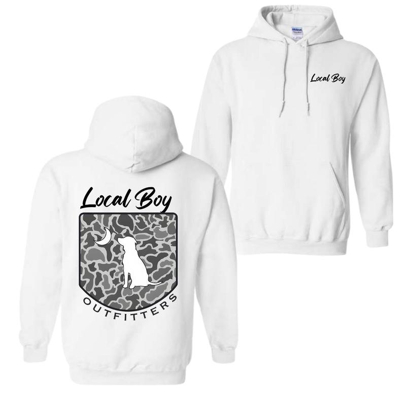 Local Boy Outfitters Hoodie Classic Camouflage Design Featuring a Dog and Moon Graphic, Ideal for Nature Lovers... (Image 1)