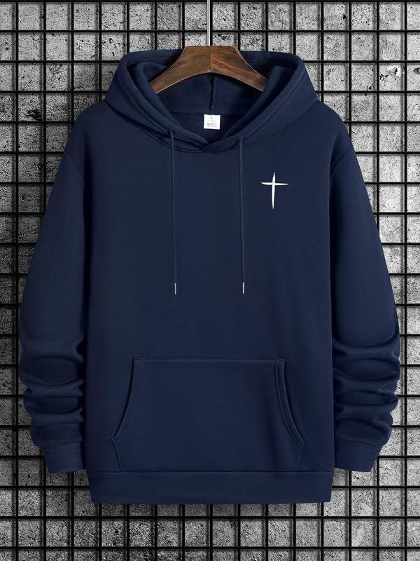 Cross Print Men's Hoodie with Drawstring Pocket, Regular Fit Long Sleeve Sweatshirt, Casual Men's Fashion for... (Image 5)