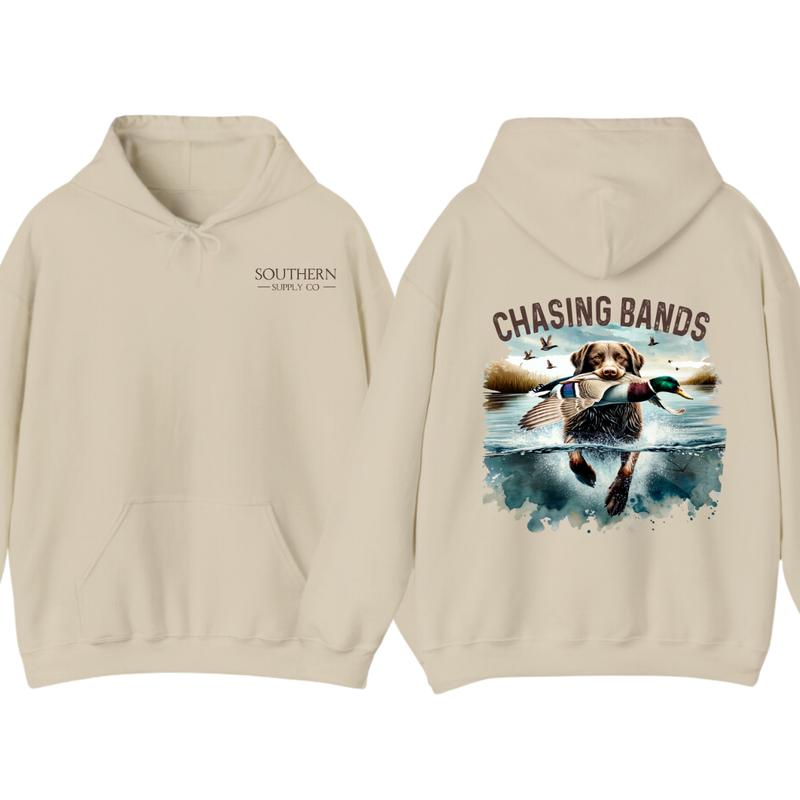Chasing Bands Duck Hunting Hoodie - Chocolate Lab Retriever with Mallard Duck Waterfowl Graphic for Outdoor... (Image 5)