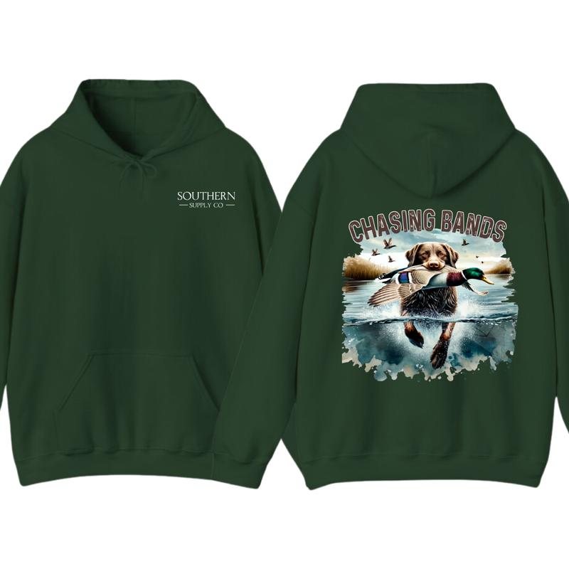 Chasing Bands Duck Hunting Hoodie - Chocolate Lab Retriever with Mallard Duck Waterfowl Graphic for Outdoor... (Image 8)