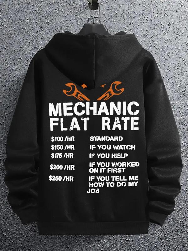 Men's Mechanic Flat Rate Hoodie with Letter Print, Casual Regular Fit Long Sleeve Sweatshirt, Men's Spring &... (Image 1)