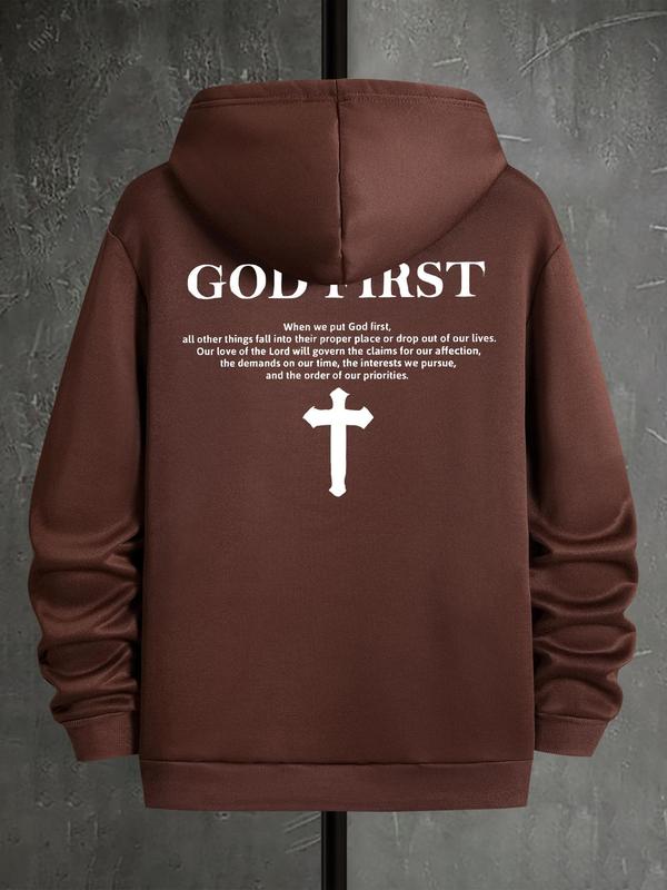Men's Letter & Cross Print Drop Shoulder Hoodie, Casual Graphic Sweatshirt, Daily Holiday Wear for Men's Spring... (Image 5)