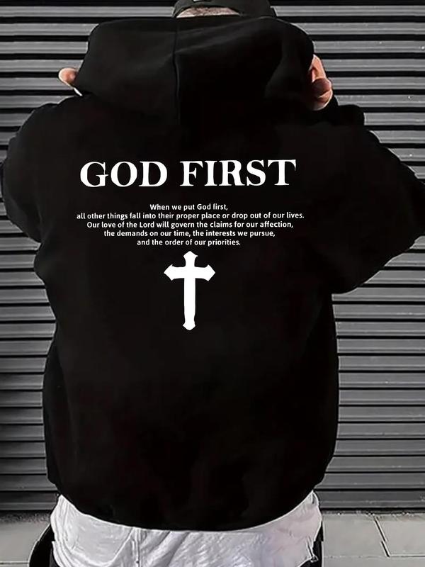 Men's Letter & Cross Print Drop Shoulder Hoodie, Casual Graphic Sweatshirt, Daily Holiday Wear for Men's Spring... (Image 1)