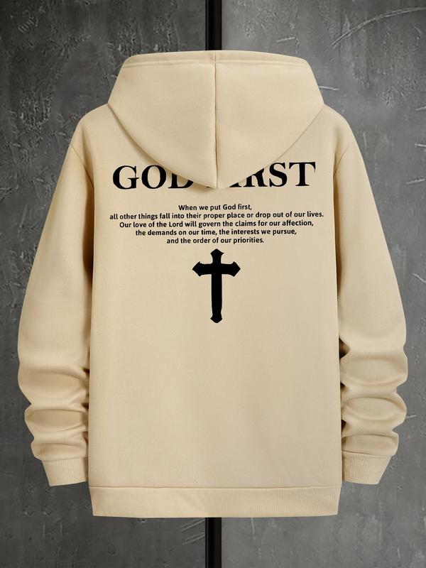 Men's Letter & Cross Print Drop Shoulder Hoodie, Casual Graphic Sweatshirt, Daily Holiday Wear for Men's Spring... (Image 7)