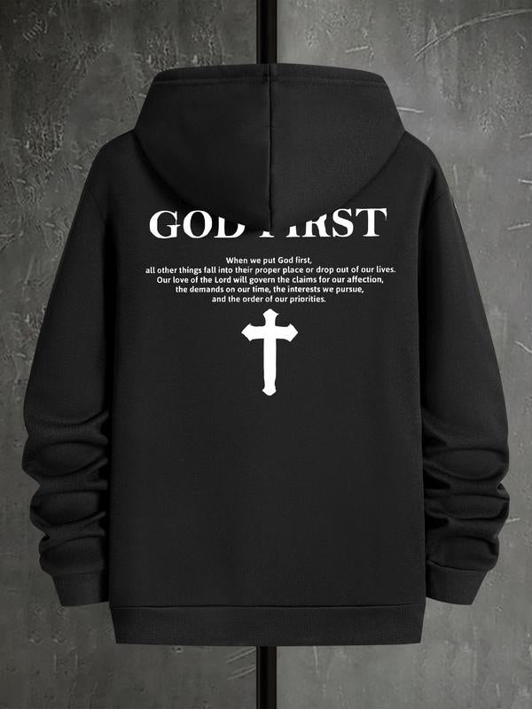 Men's Letter & Cross Print Drop Shoulder Hoodie, Casual Graphic Sweatshirt, Daily Holiday Wear for Men's Spring... (Image 9)