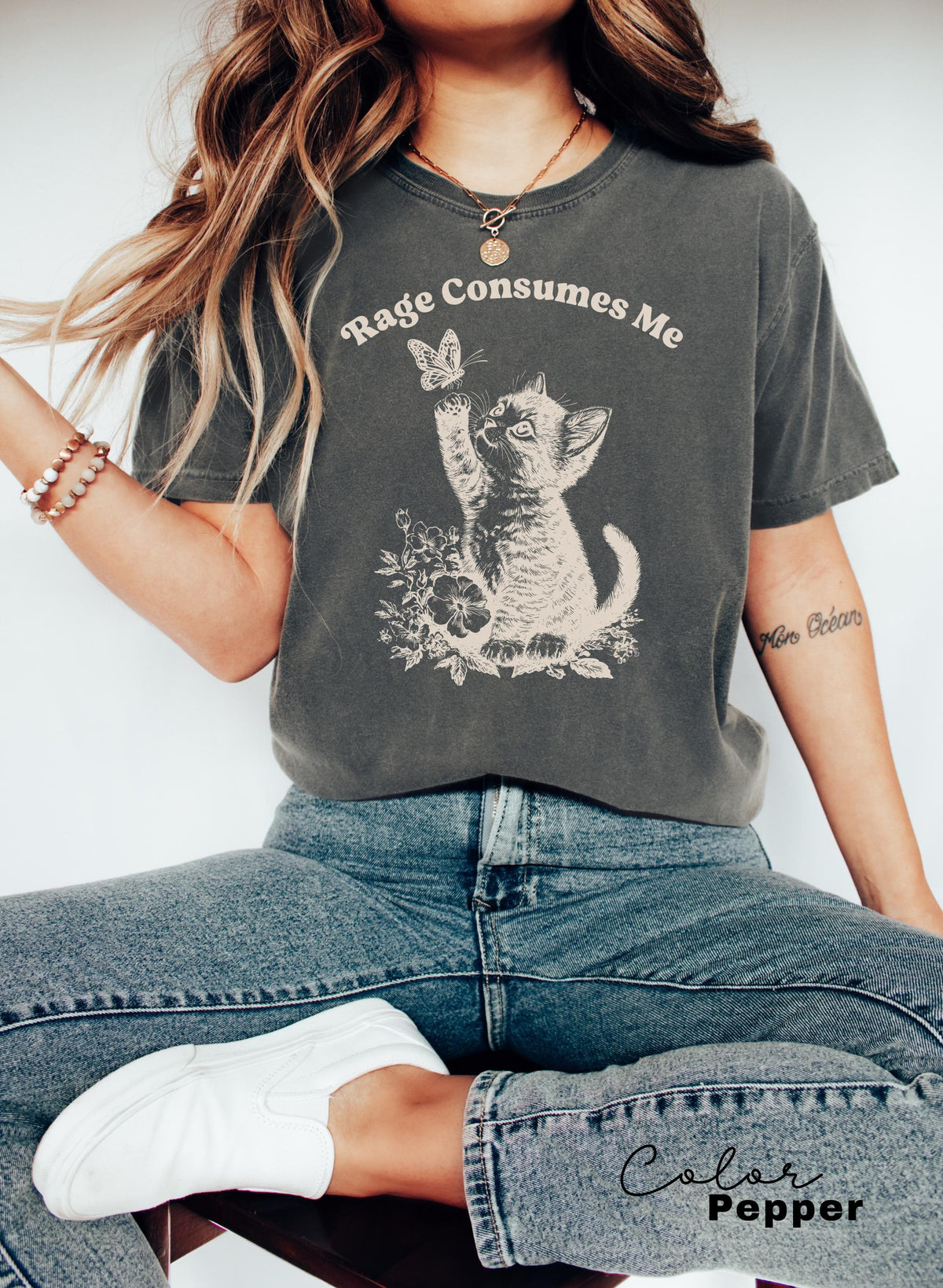 Rage Consumes Cat Meme Sarcastic Kitten Tee Cottagecore Comfort Colors Mental Health Butterfly (4)