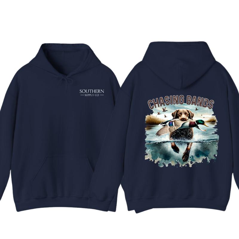 Chasing Bands Duck Hunting Hoodie - Chocolate Lab Retriever with Mallard Duck Waterfowl Graphic for Outdoor... (Image 9)