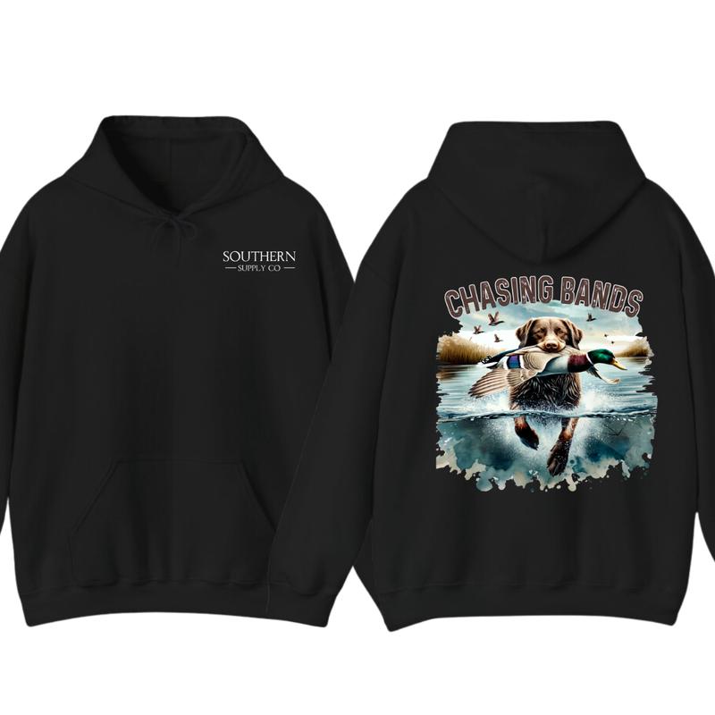 Chasing Bands Duck Hunting Hoodie - Chocolate Lab Retriever with Mallard Duck Waterfowl Graphic for Outdoor... (Image 1)