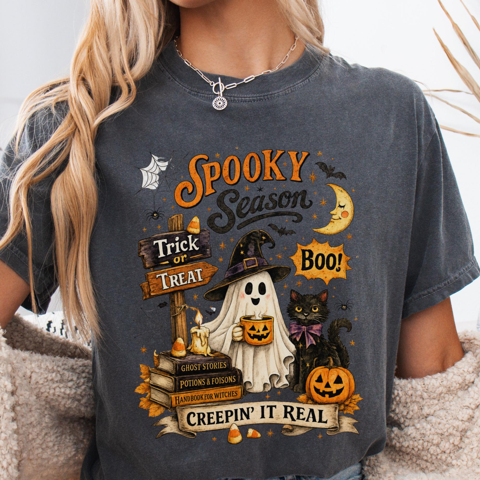 Spooky Season Creepin Real Ghost Cat Tee Vintage Halloween Black Cat Ghost Fall (4)