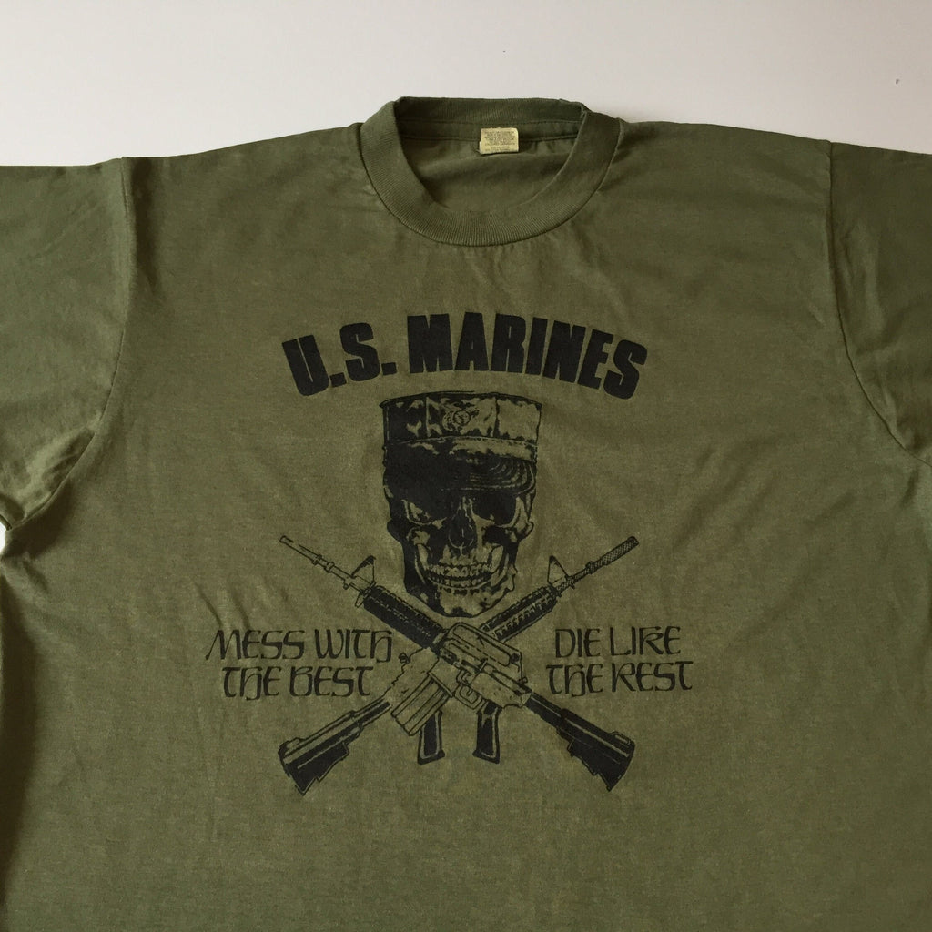 Vinatge 80s Marines Deadstock Rare Mess Die Like Rest Army Skull Utility Single Stitch Green Khaki Tee (2)