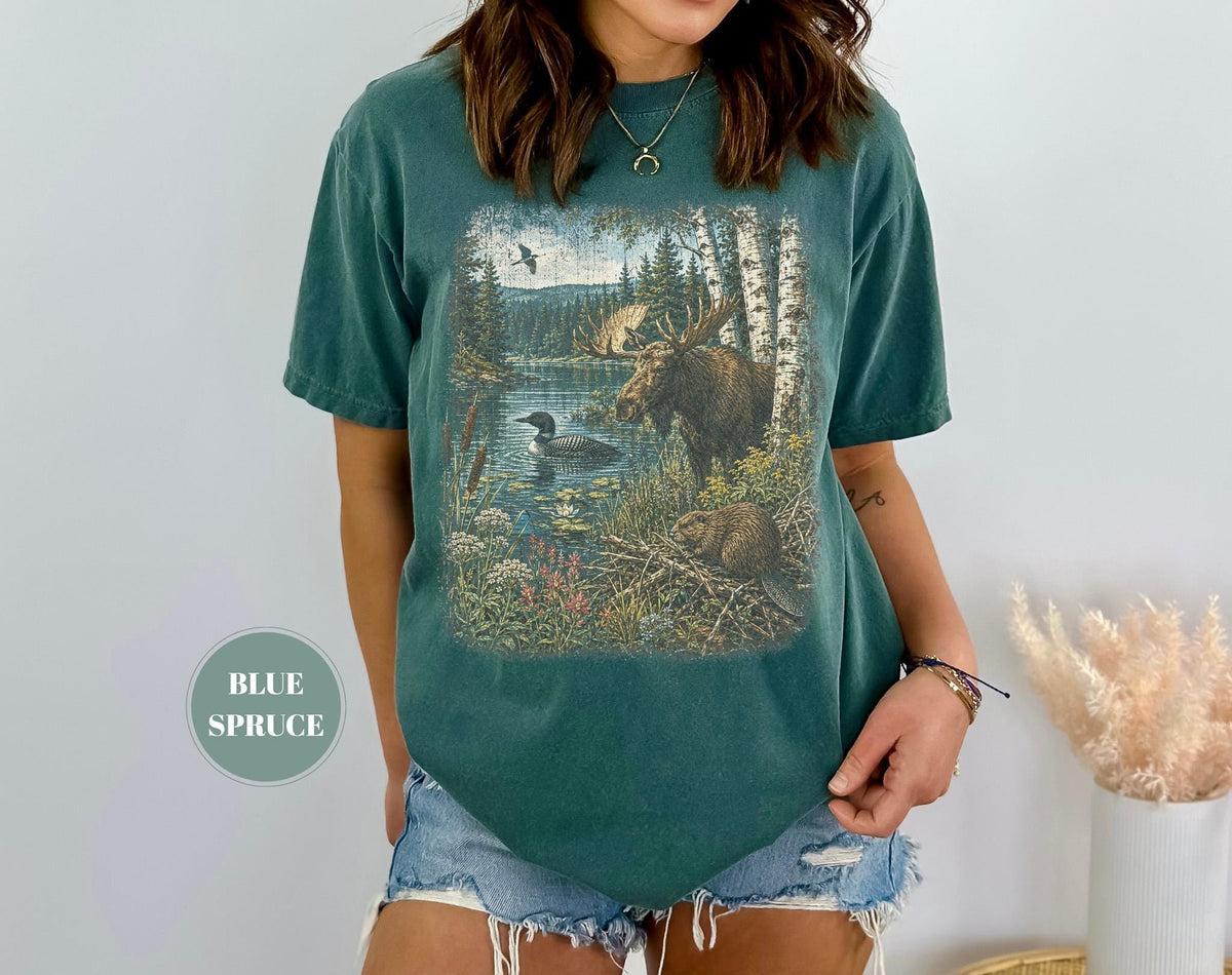 Vintage Nature Wildlife North Woods Tee Cottagecore Lake Loon Oversized Comfort Colors Cabincore Outdoor (3)