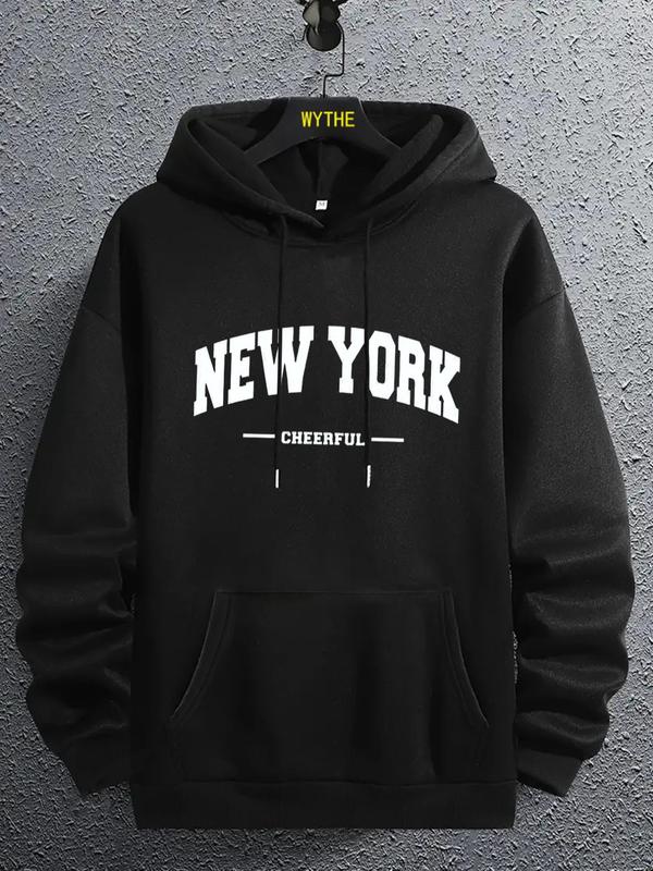 Men's Letter Print Pocket Drawstring Essentials Hoodie, Long Sleeve Sweatshirt, Regular Fit Men's Clothing for... (Image 1)