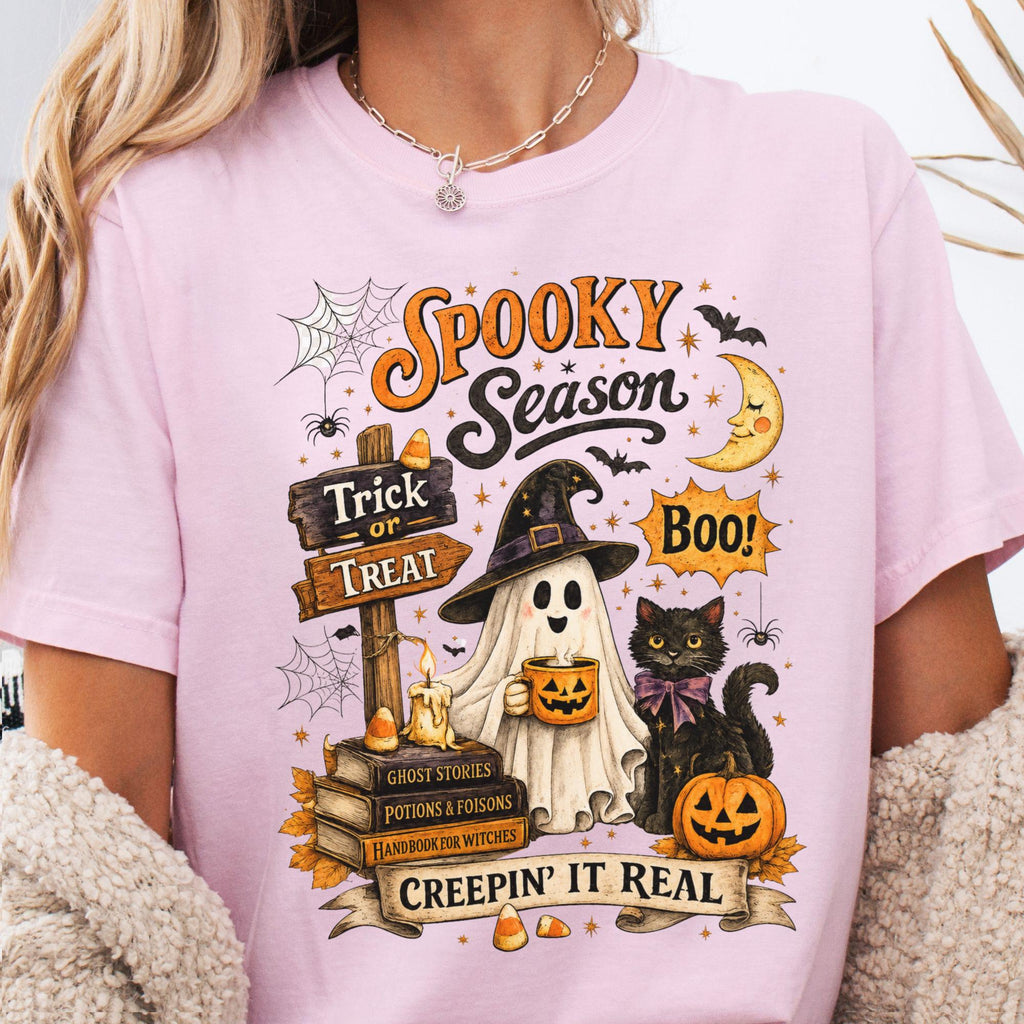 Spooky Season Creepin Real Ghost Cat Tee Vintage Halloween Black Cat Ghost Fall (3)
