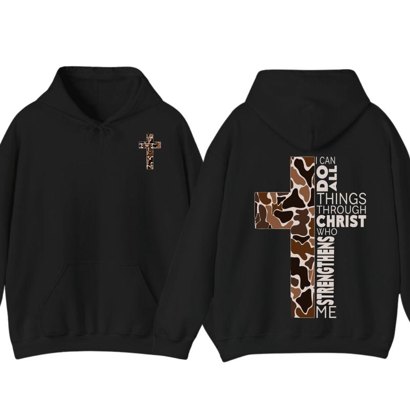 Christian Hoodie - Camo Cross Design with Philippians 413 Verse, Perfect for Faithful Believers and... (Image 1)
