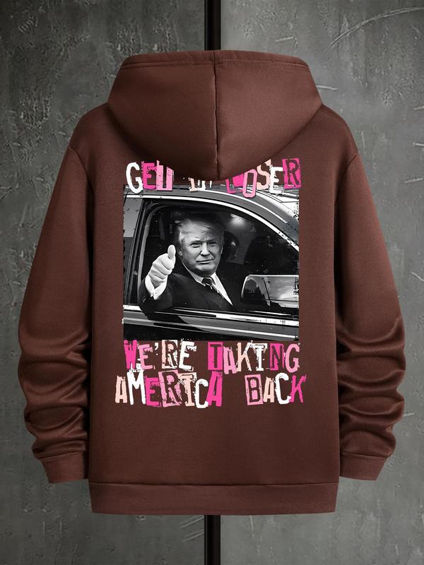 Men's Letter & Flag Print Drop Shoulder Graphic Hoodie, Casual Regular Fit Drawstring Sweatshirt for Holiday... (Image 7)