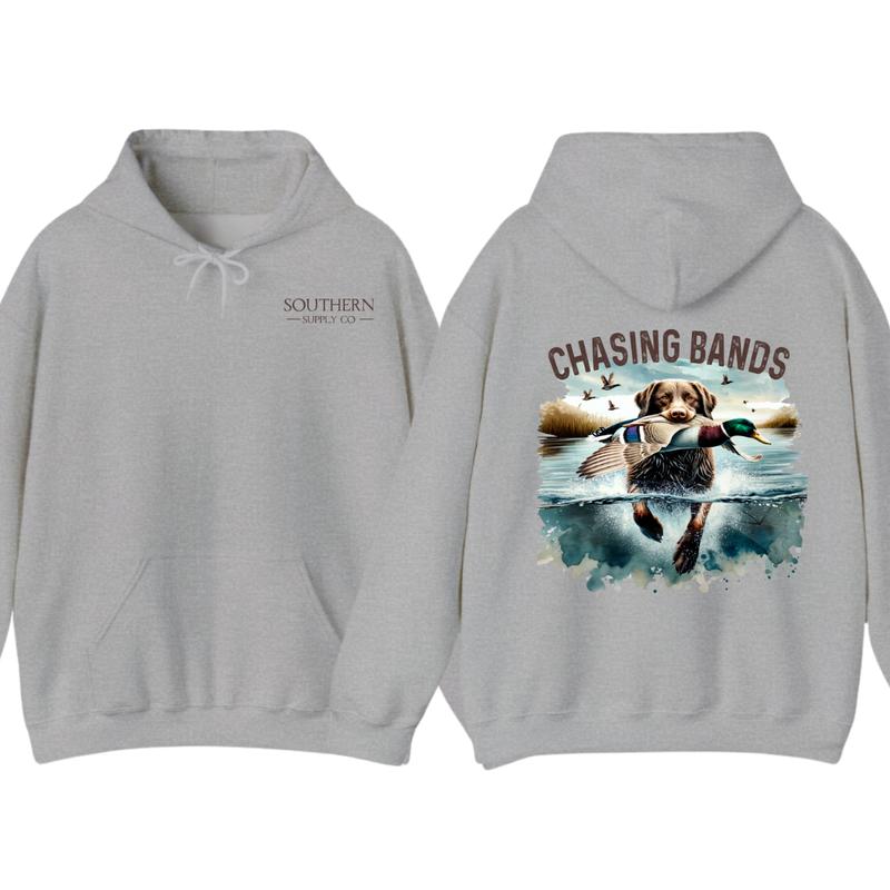 Chasing Bands Duck Hunting Hoodie - Chocolate Lab Retriever with Mallard Duck Waterfowl Graphic for Outdoor... (Image 4)