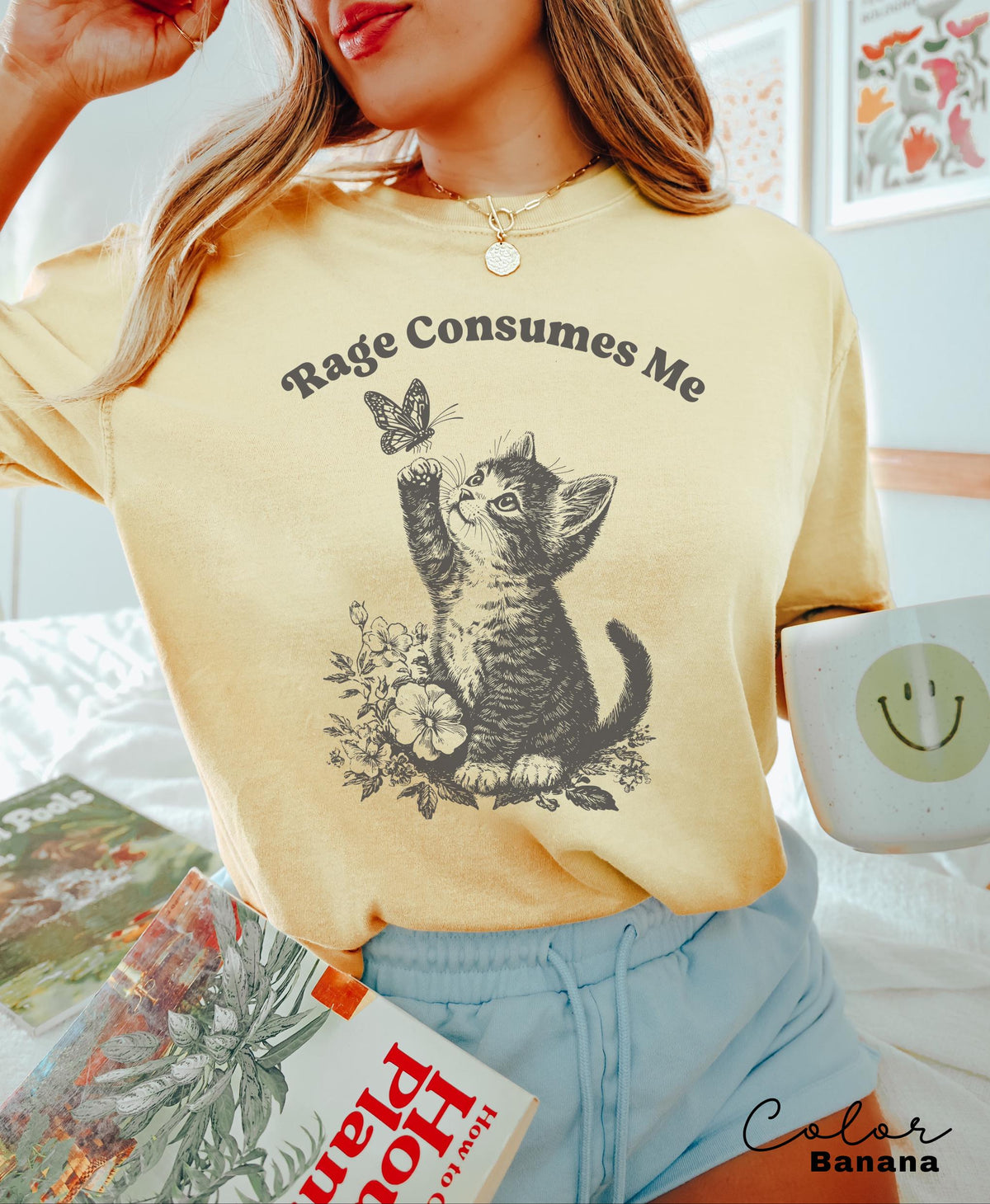 Rage Consumes Cat Meme Sarcastic Kitten Tee Cottagecore Comfort Colors Mental Health Butterfly (3)