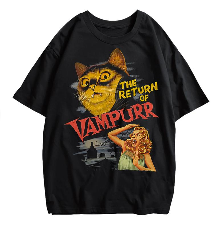 Funny Retro Vampire Horror Movie Cat Meme Shirt Menswear Top Underwear Man Human Streetwear T-Shirt Crewneck... (Image 3)