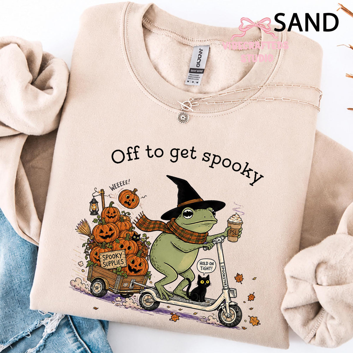Vintage Halloween Frog Riding Scooter Pumpkin Car Off Get Spooky Season Comfort Colors Fall (1)