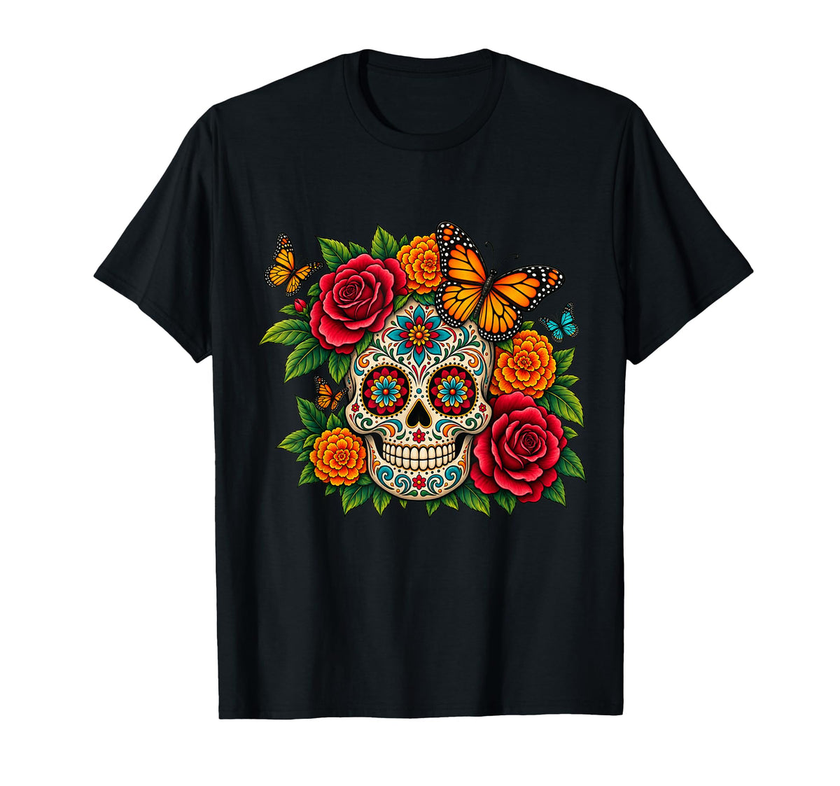 Colorful Sugar Skull Roses Butterflies Day Dead Unisex T-shirt, Sweatshirt, Hoodie (1)