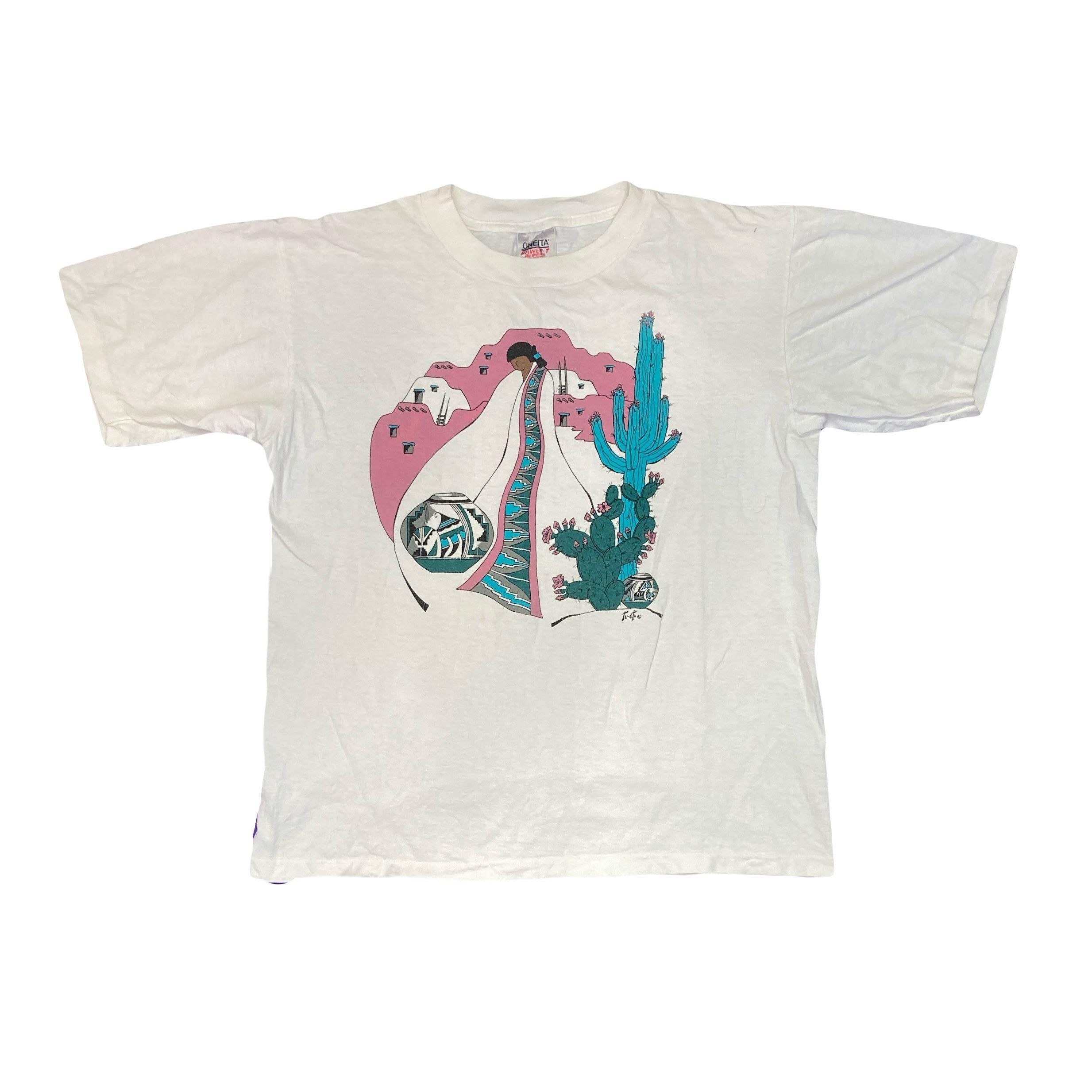 Vintage 90s Southwestern Native American Girl Cactus Single Stitch Souvenir Size Large Oneita (1)