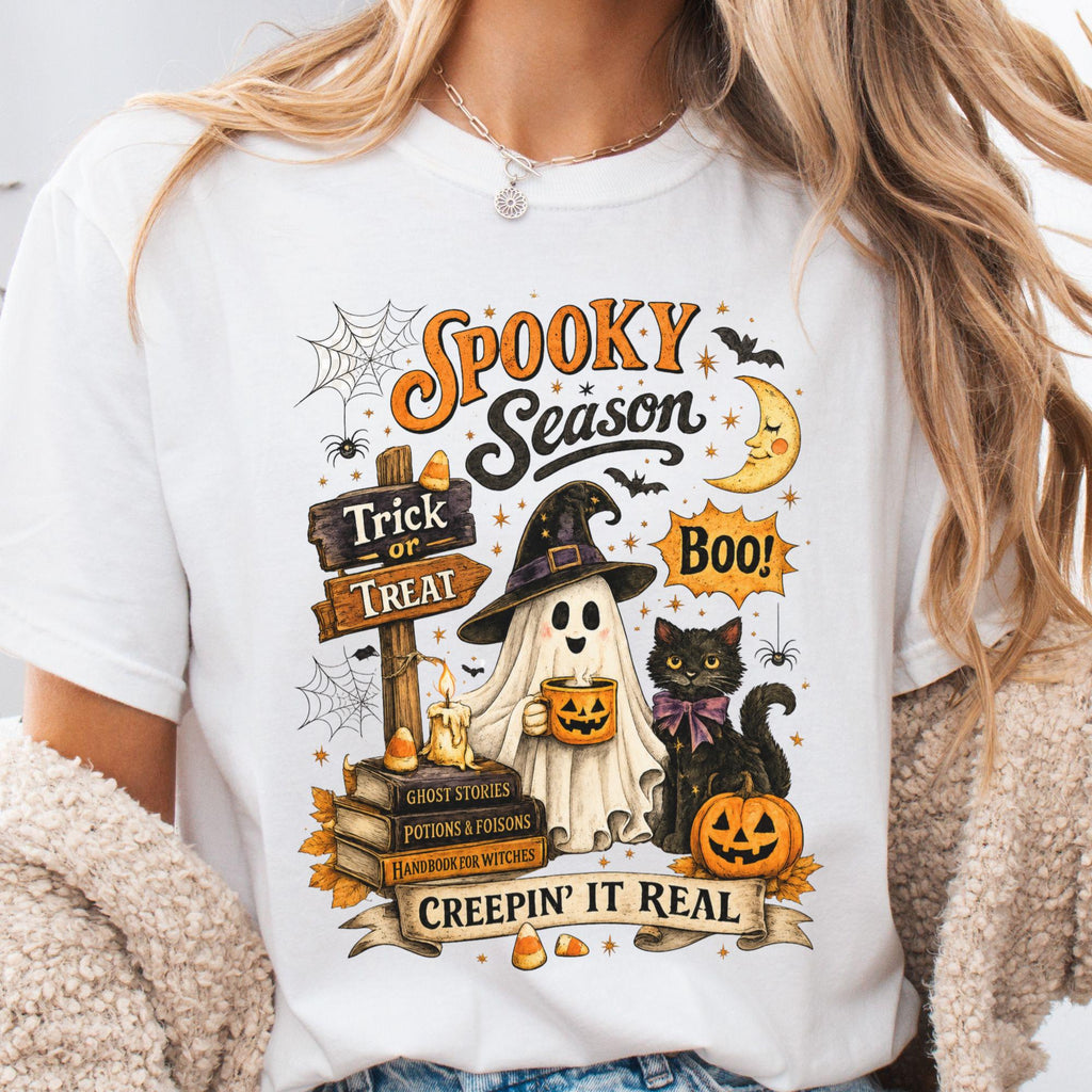 Spooky Season Creepin Real Ghost Cat Tee Vintage Halloween Black Cat Ghost Fall (1)