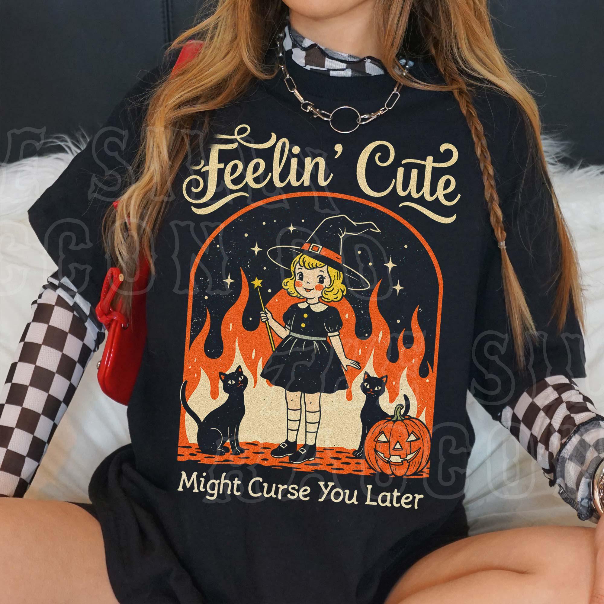 Sarcastic Halloween Feelin Witchy Tee Vintage Spooky Season Retro Black Cat (1)