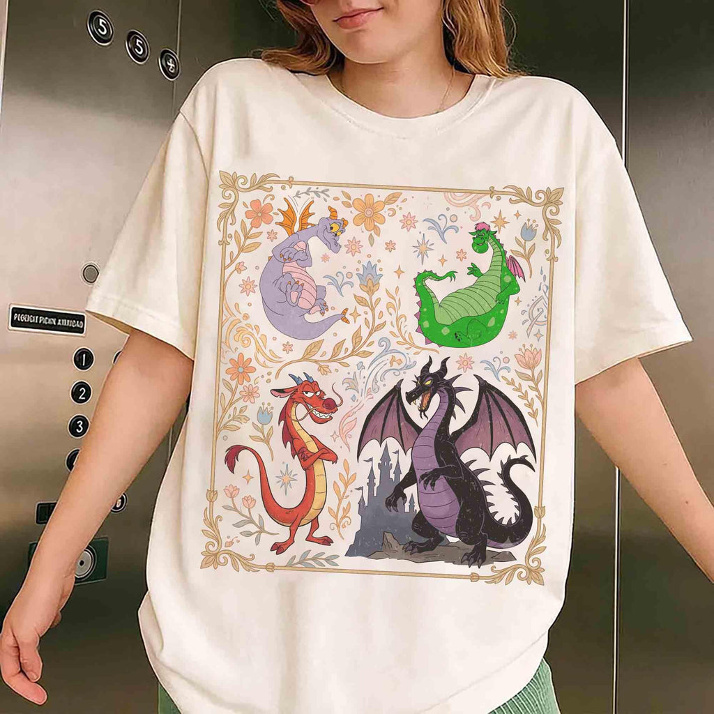 Vintage Disney Dragon Characters Retro Figment Elliott Mushu Maleficent Dragon Tee Magic Kingdom Tee Wdw Family Trip (1)