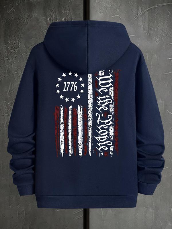 Men's Letter & Flag Print Thermal Hoodie, Drawstring Sweatshirt Casual for Fall & Winter, Regular Fit Men's... (Image 5)