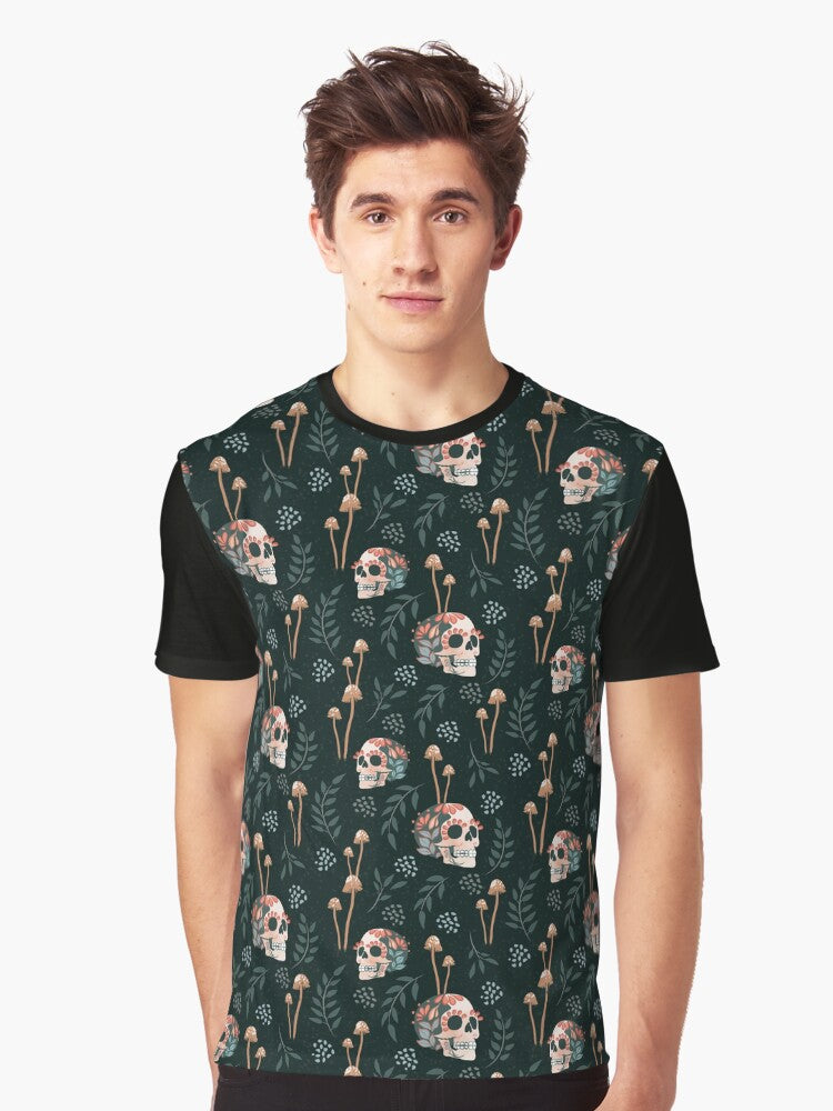 Sugar Skulls and Mushrooms Moody Green Pattern Graphic T-Shirt Hoodie, Sweatshirt | PureTeeCo.com (Image 1)